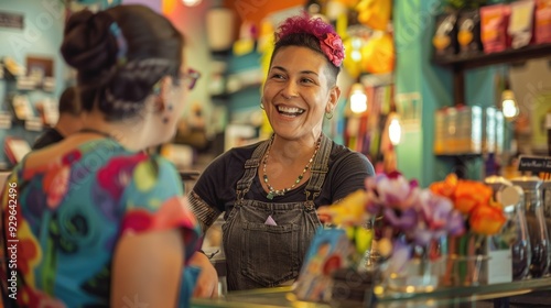 LGBTQ worker helping a customer at a small business, friendly and personalized service, inclusive shopping experience, well-decorated store, positive and welcoming