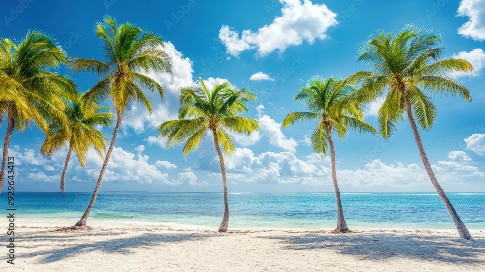 A serene beach scene with palm trees and clear blue water under a bright sky. A serene beach scene with palm trees and clear blue water under a bright sky.