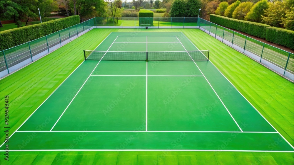Obraz premium Green tennis court with freshly painted lines , sports, competition, playing surface, recreational, outdoor, grass