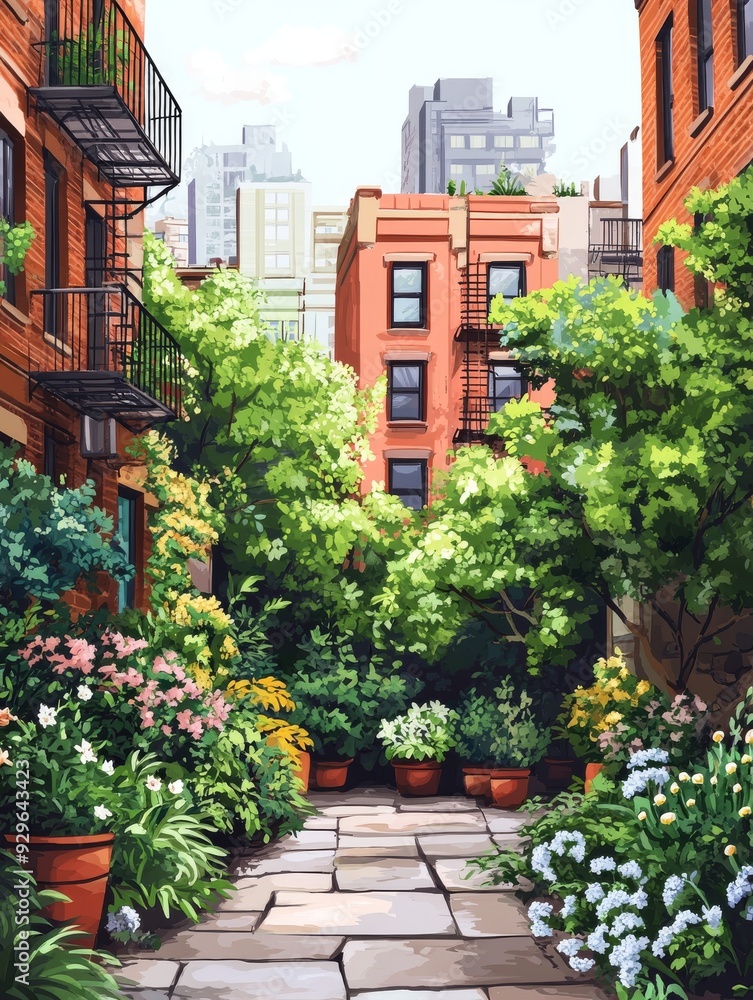 Urban Oasis: A Brick Courtyard Lush with Greenery Urban Oasis: A Brick Courtyard Lush with Greenery