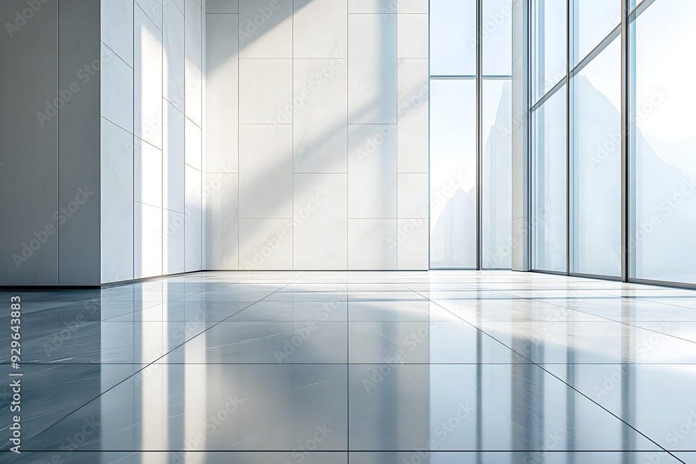 Interior photo of a clean white building with sunlight streaming through the front windows