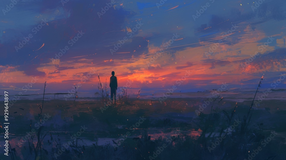 A Solitary Figure Stands Silhouetted Against A Vibrant Sunset Sky, Contemplating The Vastness Of The World. A Solitary Figure Stands Silhouetted Against A Vibrant Sunset Sky, Contemplating The Vastness Of The World.