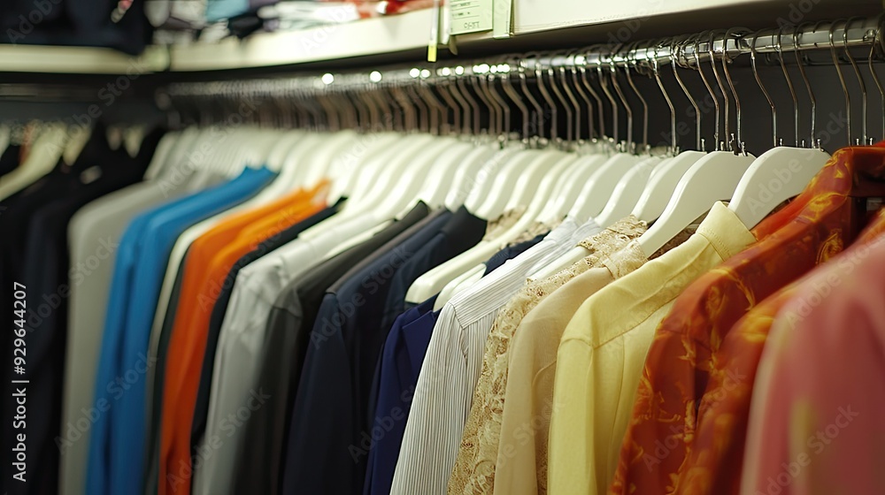 Neatly arranged clothes hangers in a shop, with various garments displayed, showcasing fashion organization. Neatly arranged clothes hangers in a shop, with various garments displayed, showcasing fashion organization.