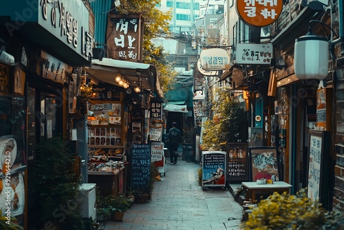 A narrow and complex city alley with few people and many restaurant signs, an emotional landscape that exudes a Korean yet oriental feel.
