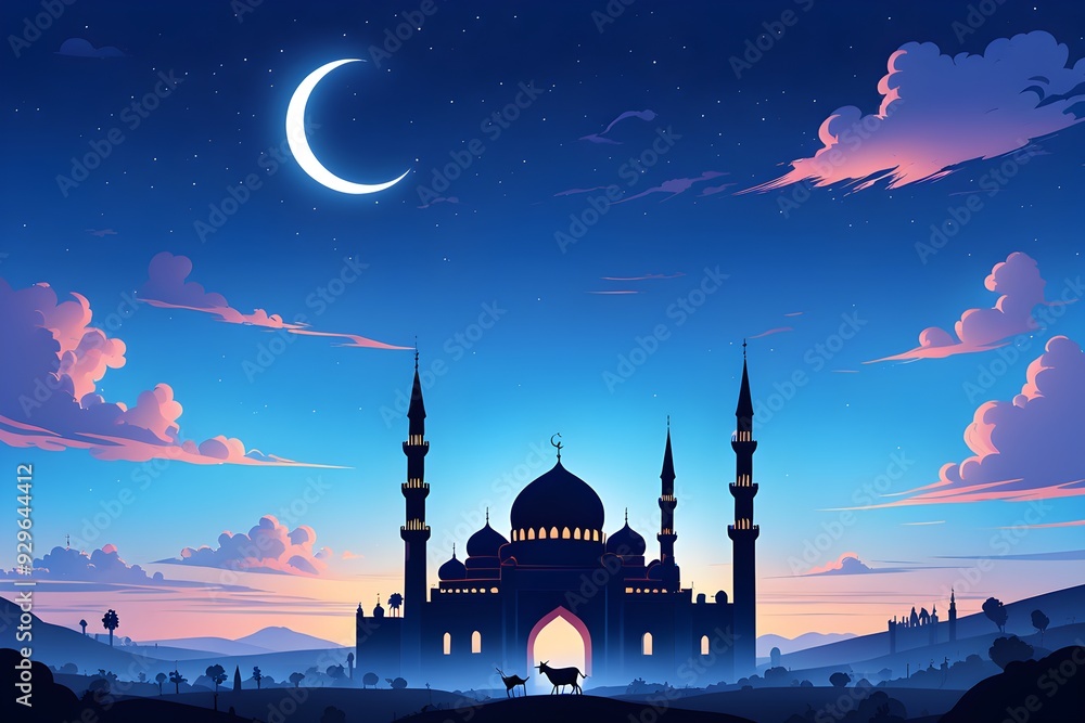 A beautiful blue sky with a large crescent moon A beautiful blue sky with a large crescent moon