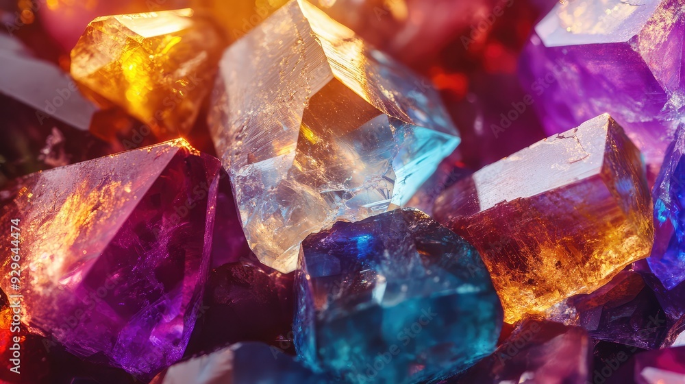 A close-up of prismatic stones arranged in a radiant pattern, with soft, ambient light enhancing their colorful sparkle.