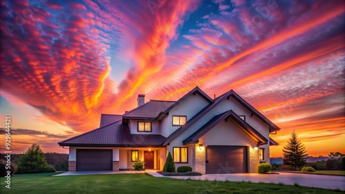 House with beautiful pink and orange sunset in the background, house, sunset, pink, orange, sky, clouds, dusk, evening