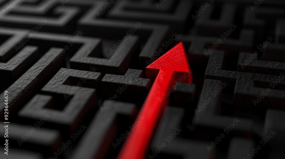Black maze with a red arrow pointing at the center Black maze with a red arrow pointing at the center