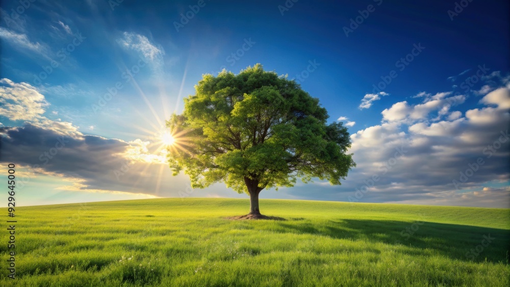 Obraz premium Tree island standing out on a sunny meadow, nature, landscape, trees, island, sunny, meadow, green, peaceful, unique