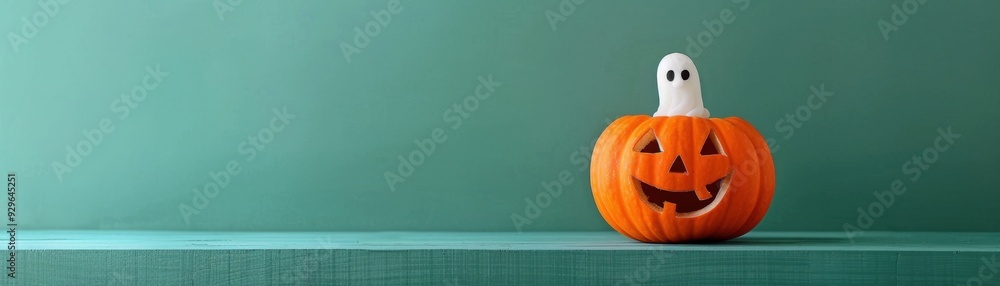 Cute pumpkin with a tiny ghost peeking out, green background, isolated Cute pumpkin with a tiny ghost peeking out, green background, isolated