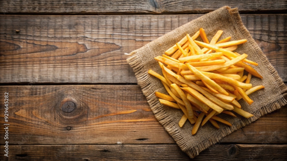French fries are arranged on a rustic wooden table , fast food, crispy, snack, fried, salty, delicious, appetizer, crunchy, unhealthy French fries are arranged on a rustic wooden table , fast food, crispy, snack, fried, salty, delicious, appetizer, crunchy, unhealthy