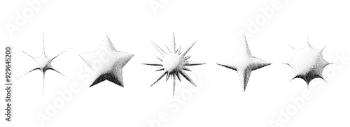 Black stippled stars collection. 3d dotted textured flares and sparkles set. Halftone grain noise starburst shape bundle. Dot work grunge asterisks and stars elements for poster, banner, flyer. Vector