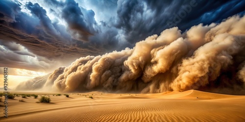 Dramatic sandstorm engulfing a desert landscape , Extreme weather, dust storm, arid terrain, natural disaster