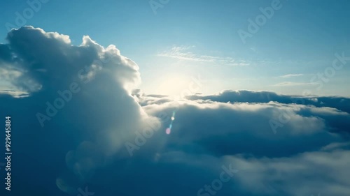 Soaring through thick clouds at high altitude, the POV immersive pilot perspective captures the experience of flying over and through a white cloud on a splendid and bright sunny day.  Generative AI.