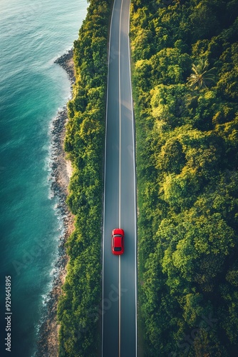 A beautiful aerial view, like something out of a movie or advertisement, of a red car driving on an inland area covered with green trees and an emerald coastal road.
