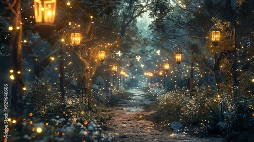 Enchanted evening forest with magical glowing lights.