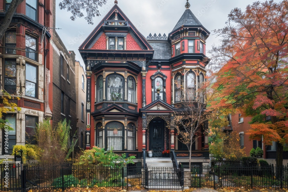 Fototapeta premium Victorian House with Ornate Details and Autumn Foliage.