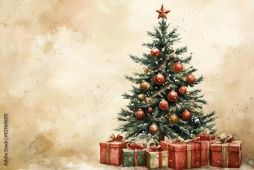 A vintagestyle Christmas tree with oldfashioned ornaments and wrapped gifts, watercolor, muted colors, nostalgic feel