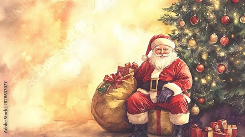 Santa sitting by a Christmas tree with a sack of gifts, watercolor, warm tones, festive atmosphere, soft glow