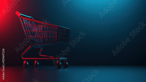 A modern shopping cart illuminated with red and blue light against a dark background, symbolizing shopping and retail. photo