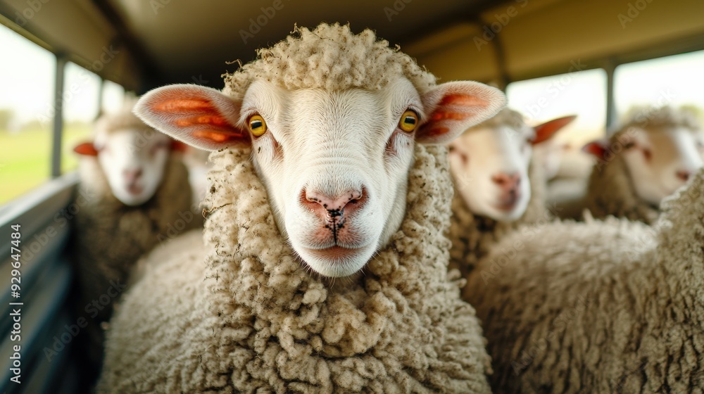 Obraz premium A group of sheep are in a truck, with one sheep looking directly at the camera