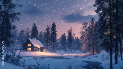 A serene winter night scene featuring a cozy cabin, snow-covered trees, and a starry sky reflecting on a tranquil pond.