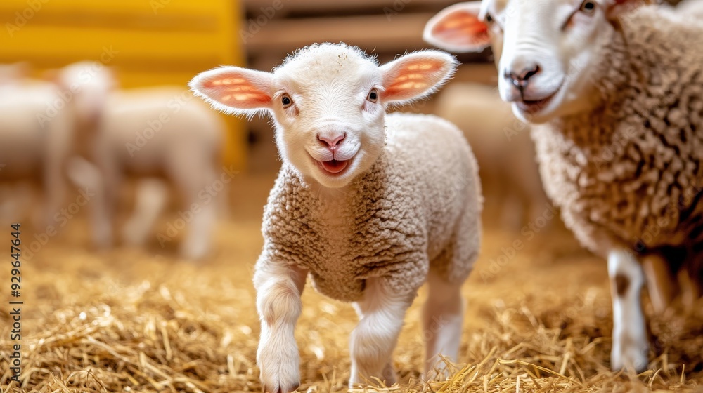 Obraz premium A group of sheep are standing in a pen with a baby sheep in the middle