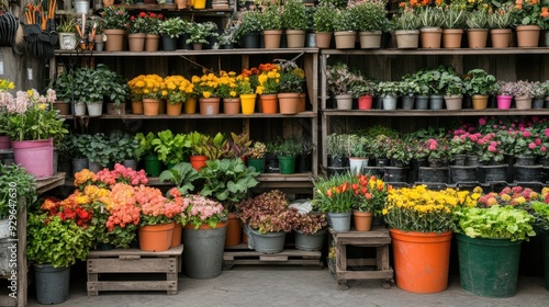 Fototapeta Naklejka Na Ścianę i Meble -  A vibrant collection of colorful flowers displayed in pots and containers at a market stand, perfect for gardening enthusiasts.