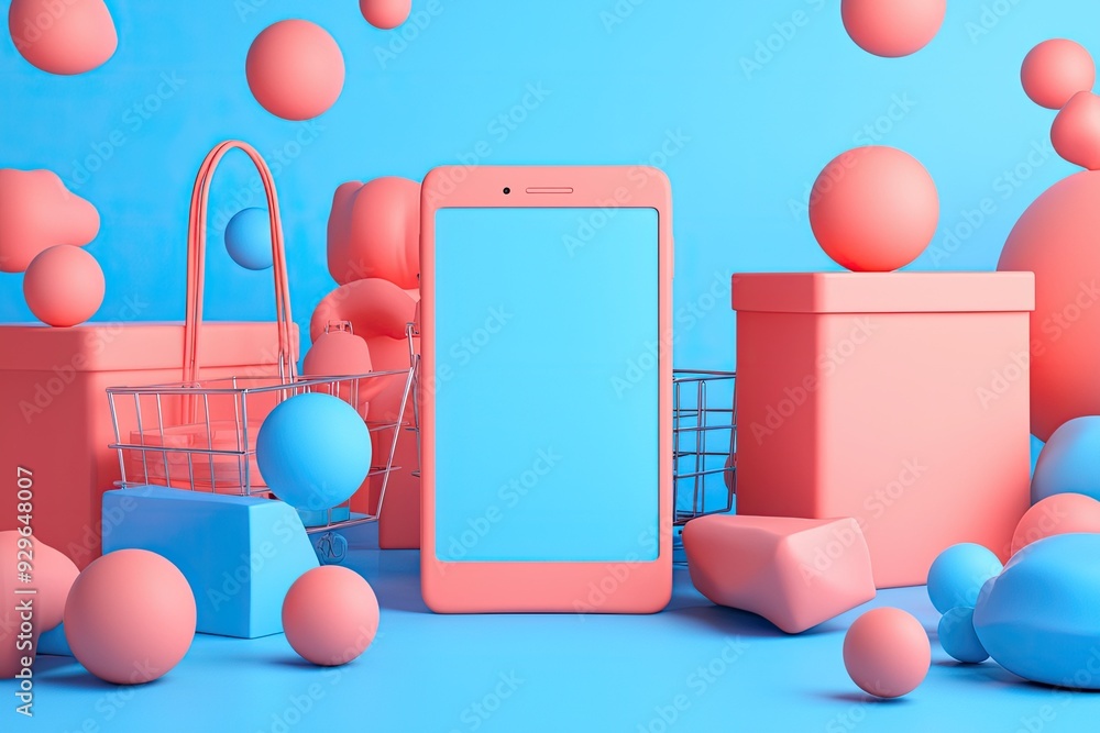 Colorful smartphone display surrounded by playful geometric shapes and a shopping basket against a vibrant blue background. Colorful smartphone display surrounded by playful geometric shapes and a shopping basket against a vibrant blue background.