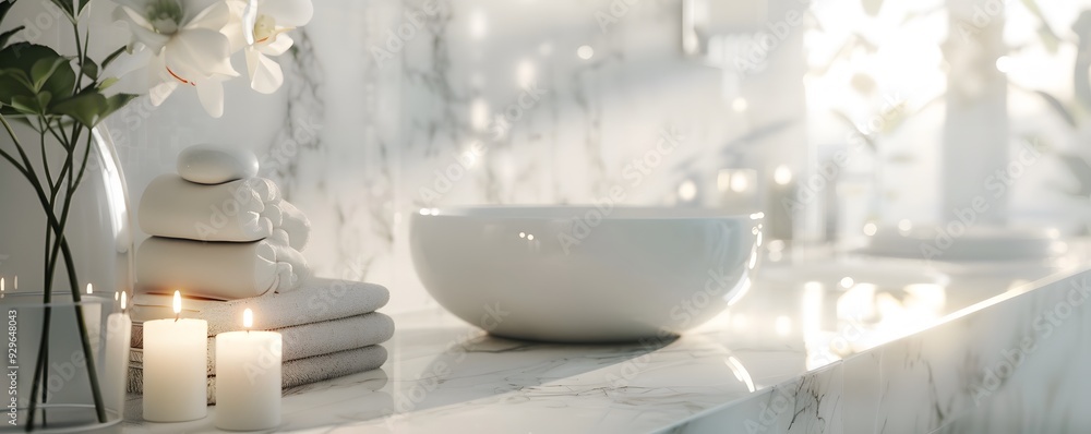 White Bathroom Countertop with Candles, Towels, and Stones White Bathroom Countertop with Candles, Towels, and Stones