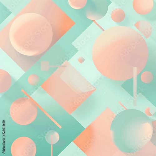 A vibrant pastel abstract background with floating geometric shapes like squares and circles in soft hues of peach, mint, and light blue. 8k UHD, suitable for high-quality printing or digital  photo