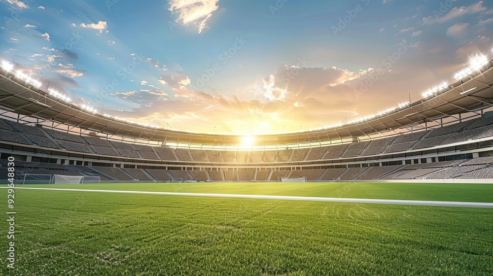 Empty outdoor sports stadium with green field and running track. Sunny day at a modern athletics venue Generative by AI Empty outdoor sports stadium with green field and running track. Sunny day at a modern athletics venue Generative by AI