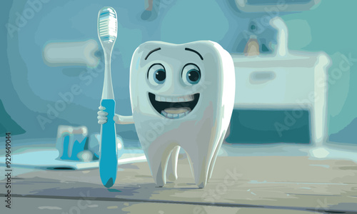 cute cartoon tooth character with toothbrush and dental floss. 