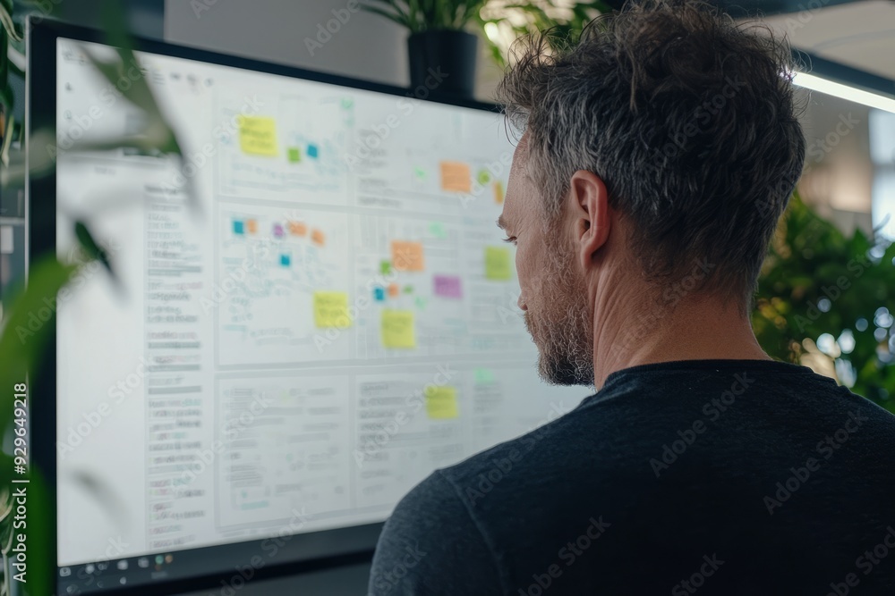A Creative Director examining digital mockups on a large screen with detailed feedback notes A Creative Director examining digital mockups on a large screen with detailed feedback notes