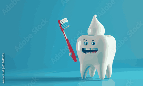 cute cartoon tooth character with toothbrush and dental floss. 