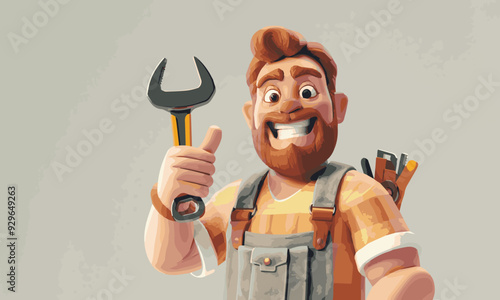 A handyman, mechanic, plumber or other construction cartoon mascot man holding a wrench or spanner tool.