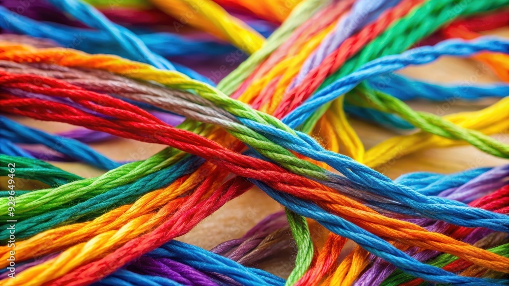A close-up shot of colorful threads intertwining, representing technology connectivity exchange, threads A close-up shot of colorful threads intertwining, representing technology connectivity exchange, threads