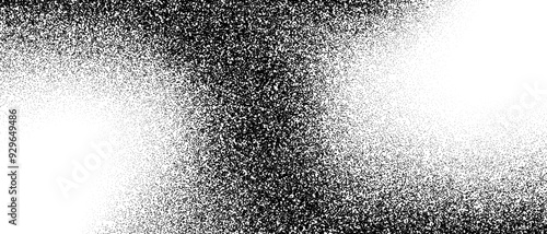 Black and white stippled gradient texture. Grunge dotted noise background. Gritty splattered sand halftone overlay. Distressed sprayed dot work grain with specks, dust, speckles, particles. Vector