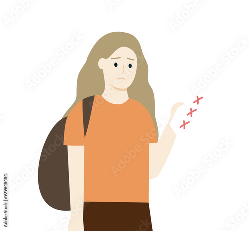 Student girl hand holding failed exam test paper form. Teen feeling sad with low score result. Education, learning, anxiety, stress, evaluation concept. Flat vector character design illustration.