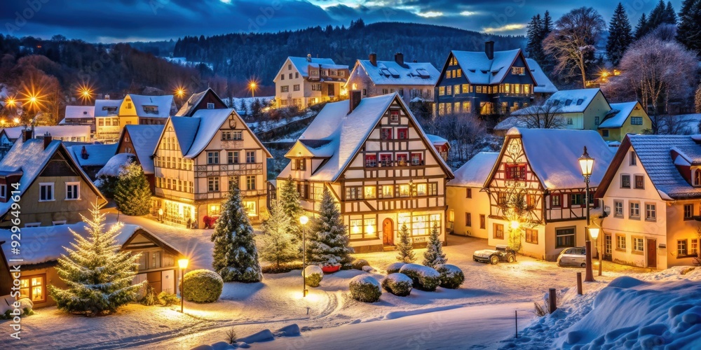 Fototapeta premium Illuminated houses in Seiffen at Christmastime, depicting a festive holiday scene , Saxony, Germany, illuminated
