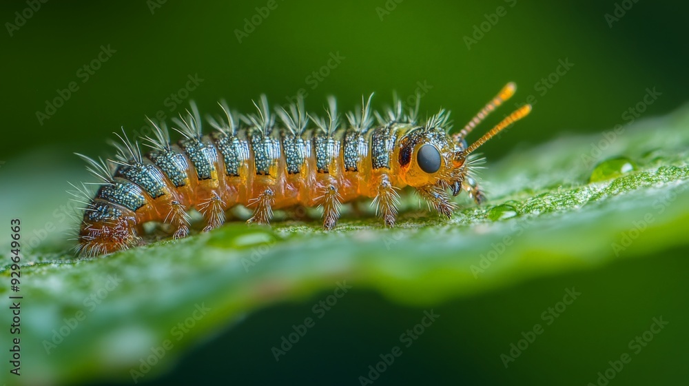 Fototapeta premium A Colorful Caterpillar on a Green Leaf.