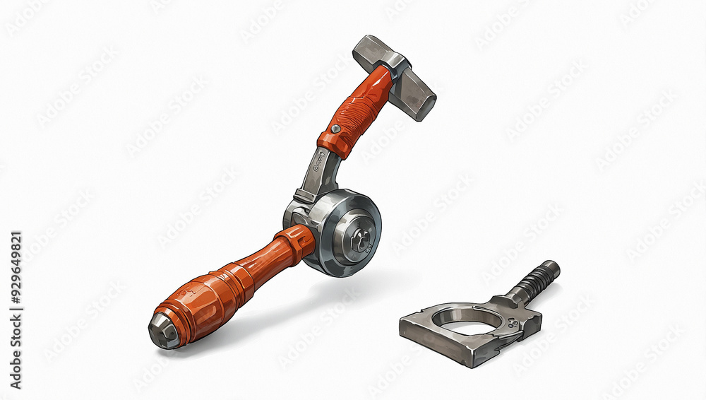 A metal hammer with a red handle lies on a light surface.
A metal hammer with a red handle lies on a light surface.