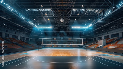 Empty indoor sports arena with volleyball courts, volleyball nets, stadium seating. Bright overhead lights illuminate the court. Venue for large-scale sports events and competitions. Generative by AI