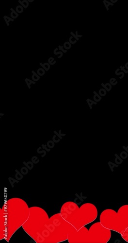 Seamless loop red hearts copy space loop isolated on black vertical background.