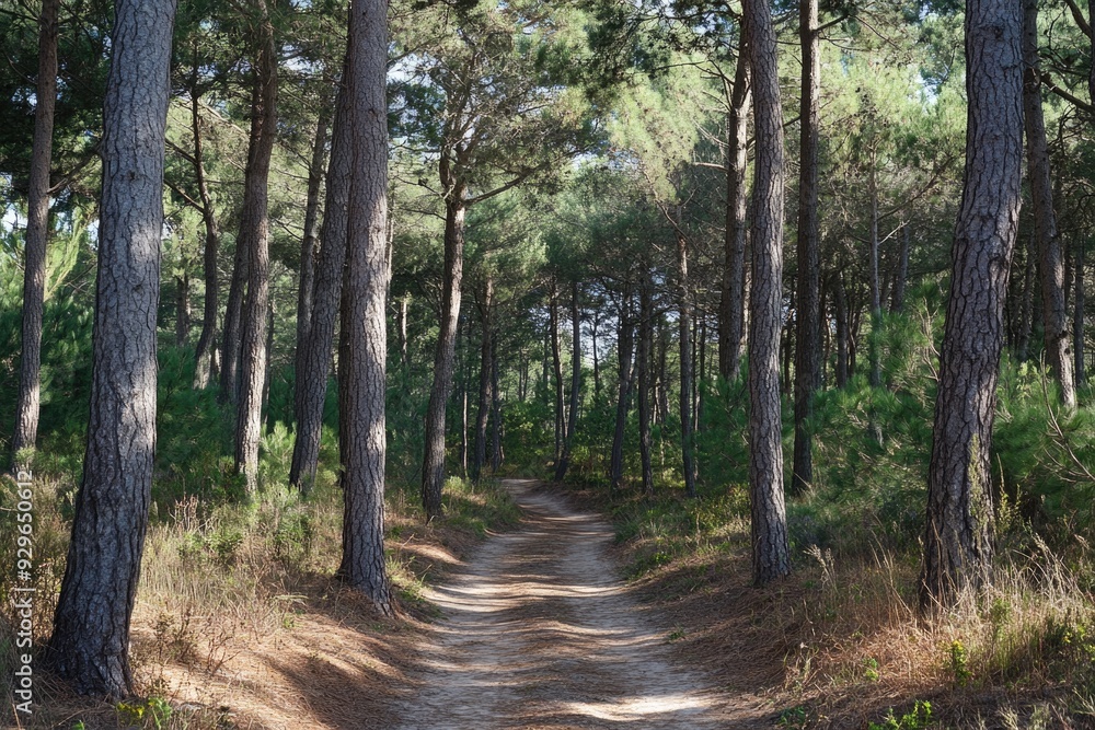 Naklejka premium Bike trail through pine forest, adventurous and engaging