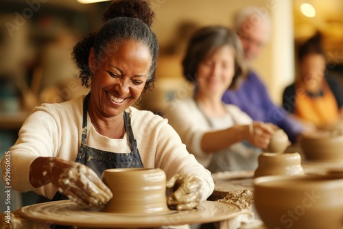 Wallpaper Mural A diverse group of adults in a pottery class, shaping clay on their wheels, as they learn new skills from the instructor Torontodigital.ca