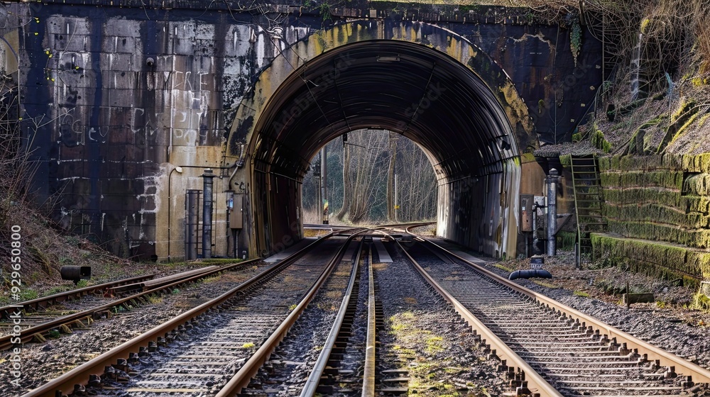 Railway tunnel surrounded by rocky cliffs and greenery. Tracks leading into a dark tunnel. Transportation infrastructure in a natural environment. Travel and railway routes. Generative by AI Railway tunnel surrounded by rocky cliffs and greenery. Tracks leading into a dark tunnel. Transportation infrastructure in a natural environment. Travel and railway routes. Generative by AI