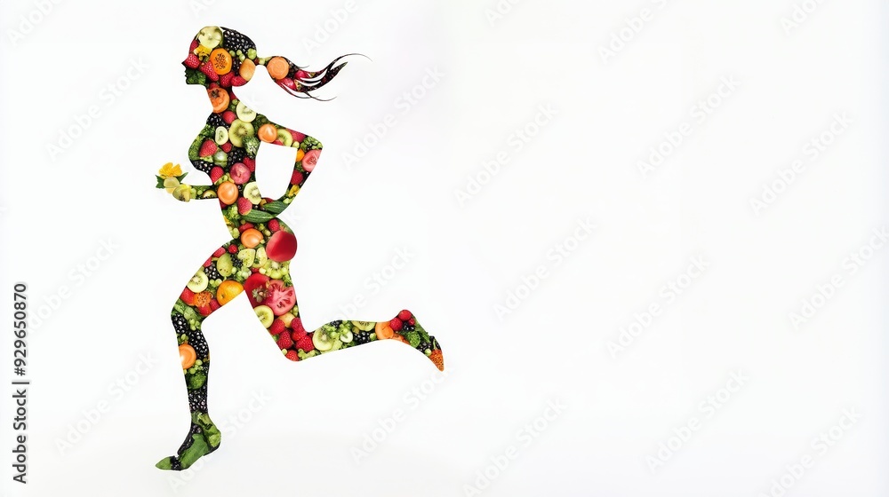 Silhouette of a woman running, crafted with elements made from fruits and vegetables conveying vitality in sports activity and healthy eating for weight loss Silhouette of a woman running, crafted with elements made from fruits and vegetables conveying vitality in sports activity and healthy eating for weight loss