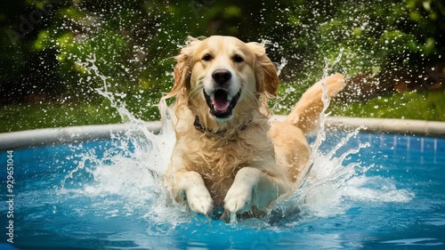 Golden Retriever is having fun playing in the pool. photo