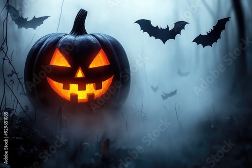 A flyer design with a jack-o'-lantern glowing in the dark, with foggy background and bats flying around photo